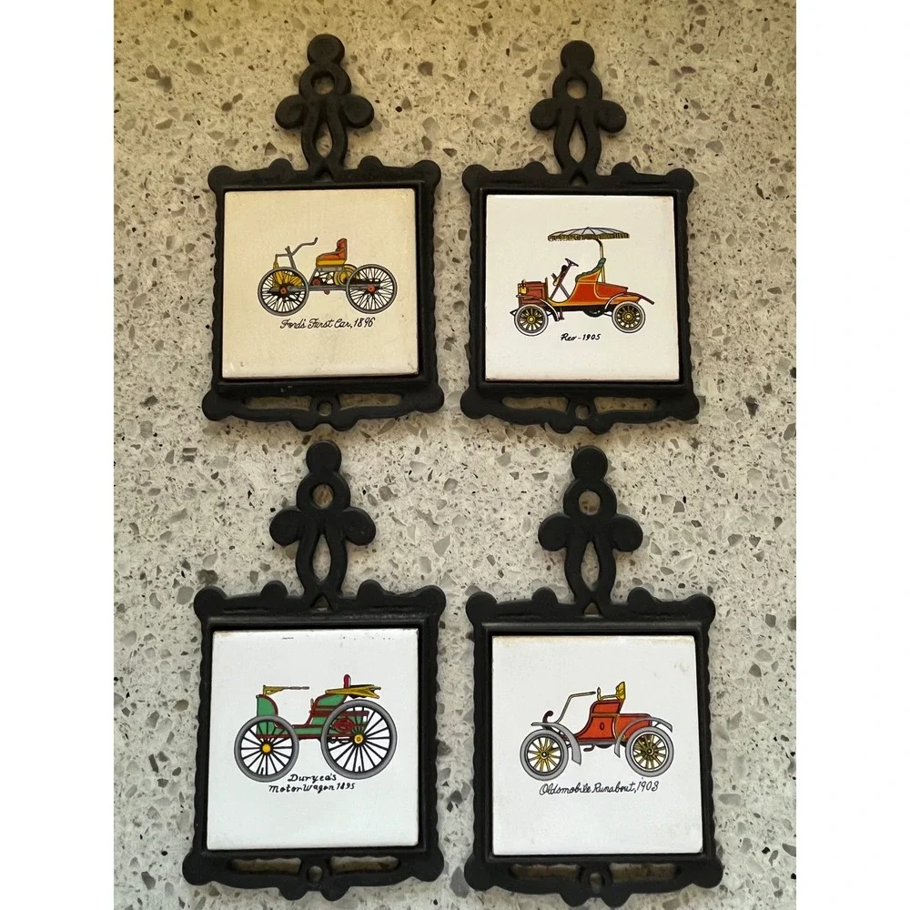 Vintage San-Huan Cast Iron Ceramic Tile Trivets Set 4 Antique Cars Wall Decor